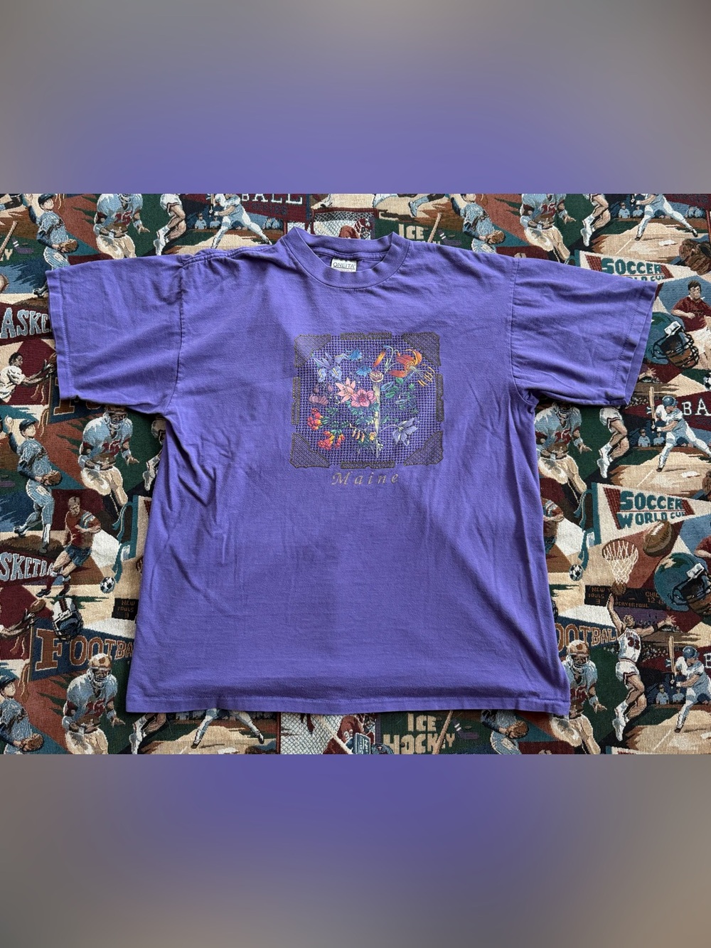 Vintage 90s Women’s Floral Maine USA Purple Graphic T-shirt